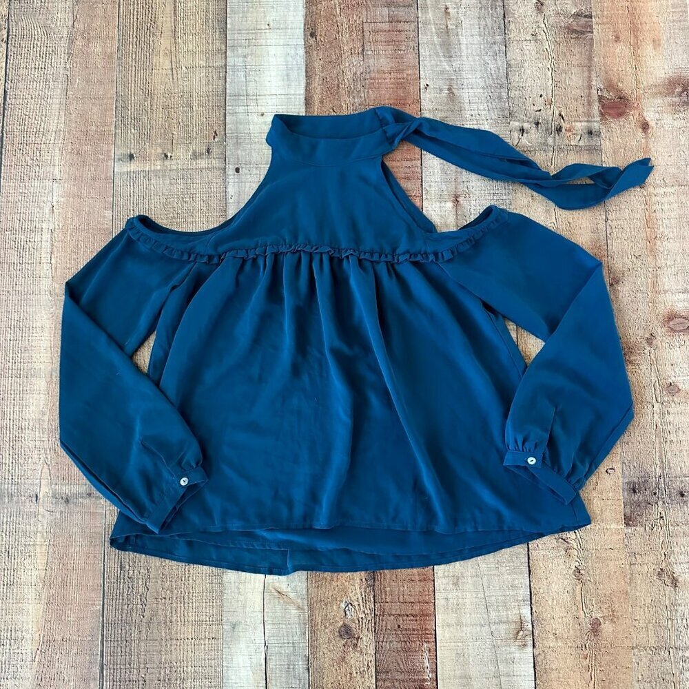 Paper Crane Womens Cold Shoulder Tie Neck Blouse Size S Polyester Blue